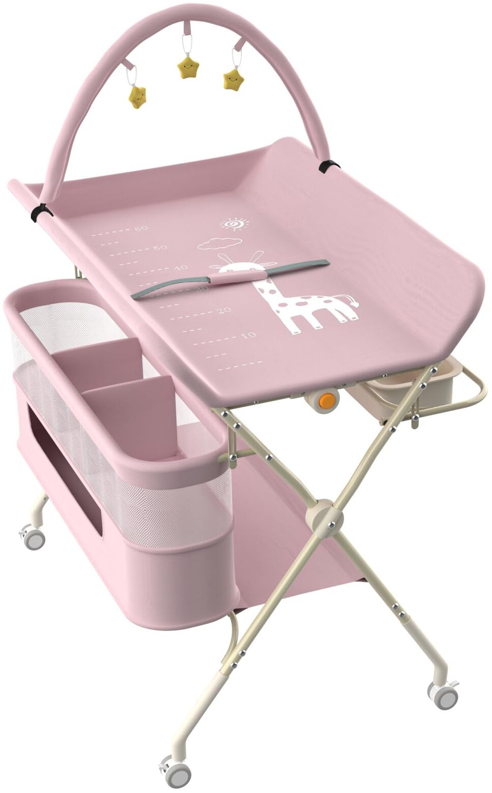 Wickelstation für Baby, Wickeltisch, faltbar, tragbar, Wickeltisch, faltbar, tragbar, mit Aufbewahrungskorb, maximale Belastung von 25 kg,75 x 68 x 83–91 cm (Schwarz) Rosa