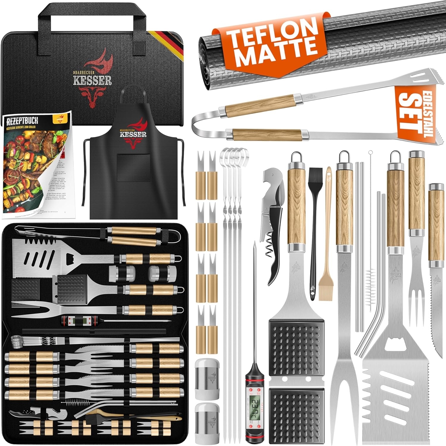 KESSER® Grillbesteck Set 37-teilig Grillzubehör aus rostfreiem Edelstahl Grillset mit Grillzange, Grillwender, 4in1 Grillspatel, Grillgabel, Grill-Spieß, Thermometer, Korkenzieher, Grillmatte & Tasche Beige