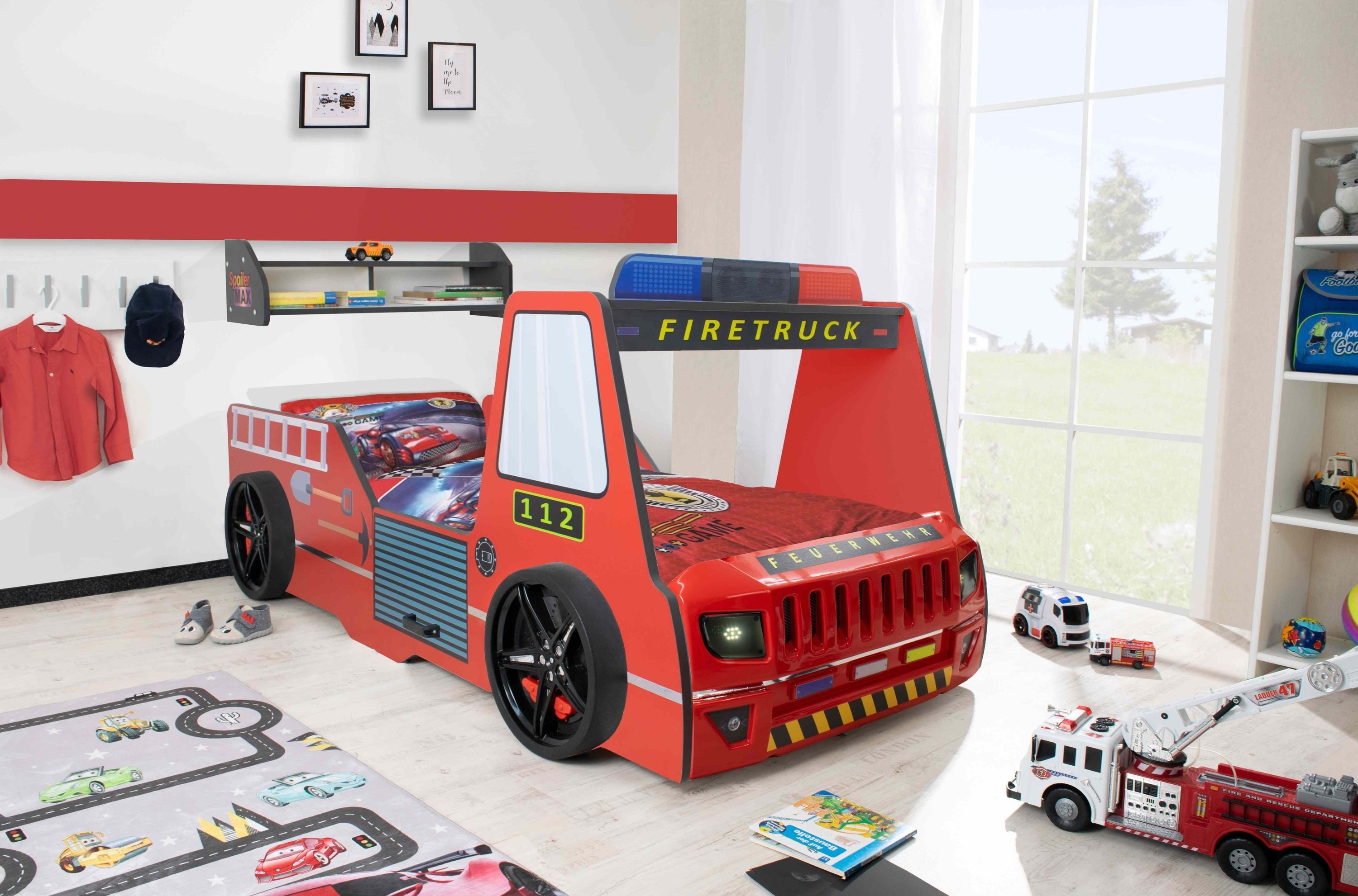 Autobett Kinderbett 90x200 Feuerwehrbett "Rio Firetruck" Hochglanz mit LED Leuchte Rot