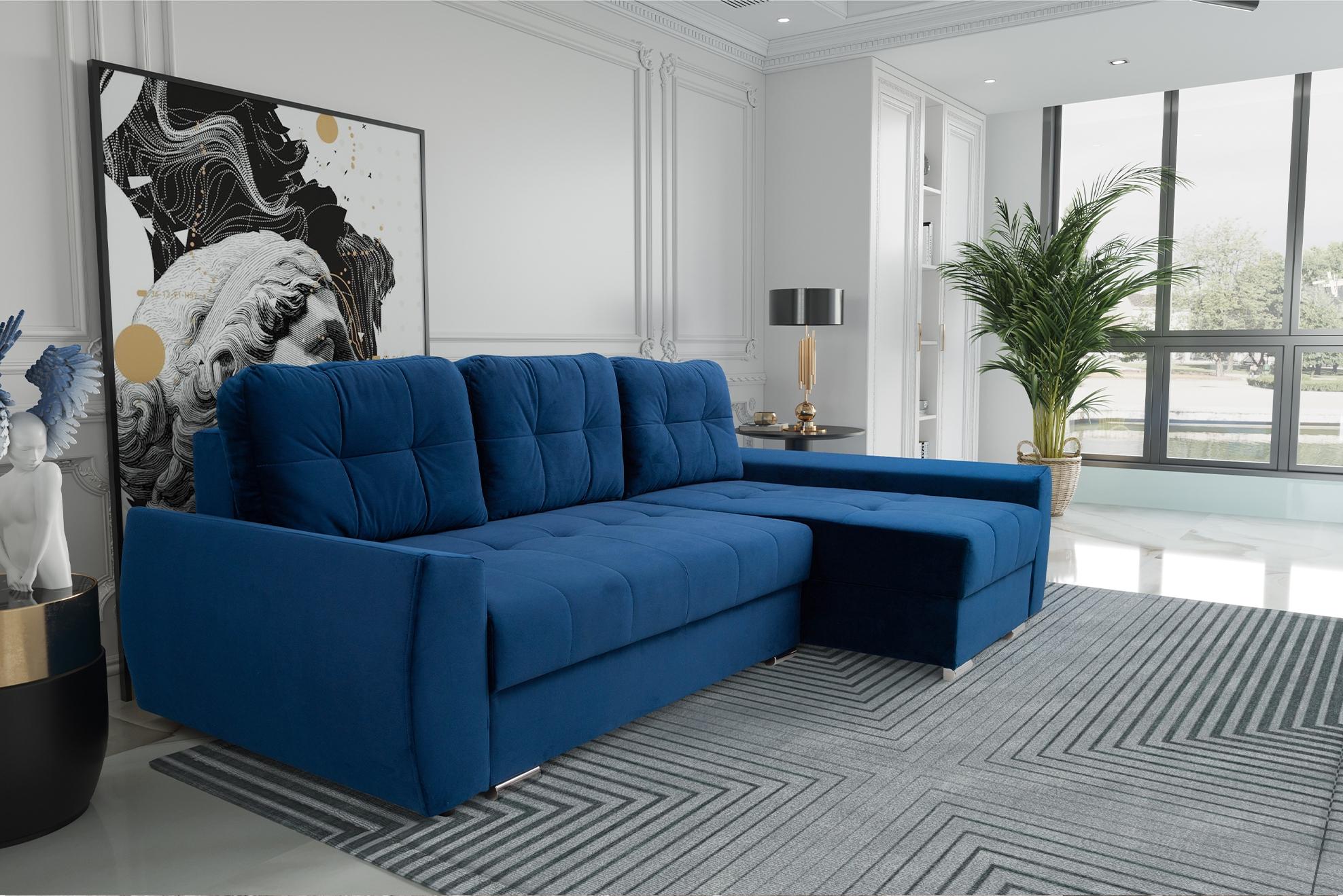 MEBLINI Schlafcouch mit Bettkasten - FURLA - 250x151x90cm Rechts - Blau Samt - Kleines Ecksofa mit Schlaffunktion - Sofa mit Relaxfunktion und Kissen - Kleine Couch L-Form - Eckcouch
