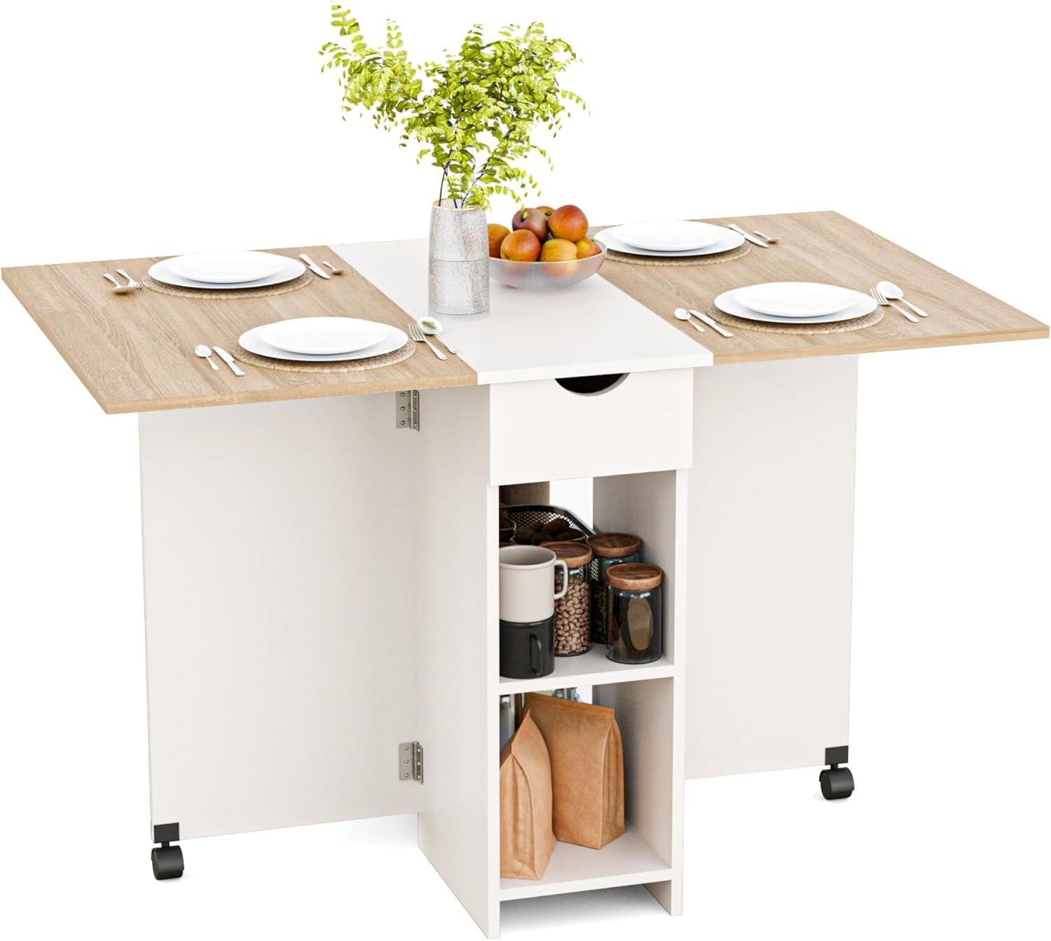 Mondeer Esstisch Klappbar, Küchentisch mit 1 Schublade und 2 Ablagen für 2-4 Personen, Klapptisch Esszimmertisch mit Rollen für Kleine Räume, Esszimmer, Küche, 72 x 120 x 75 cm, Eiche und Weiß