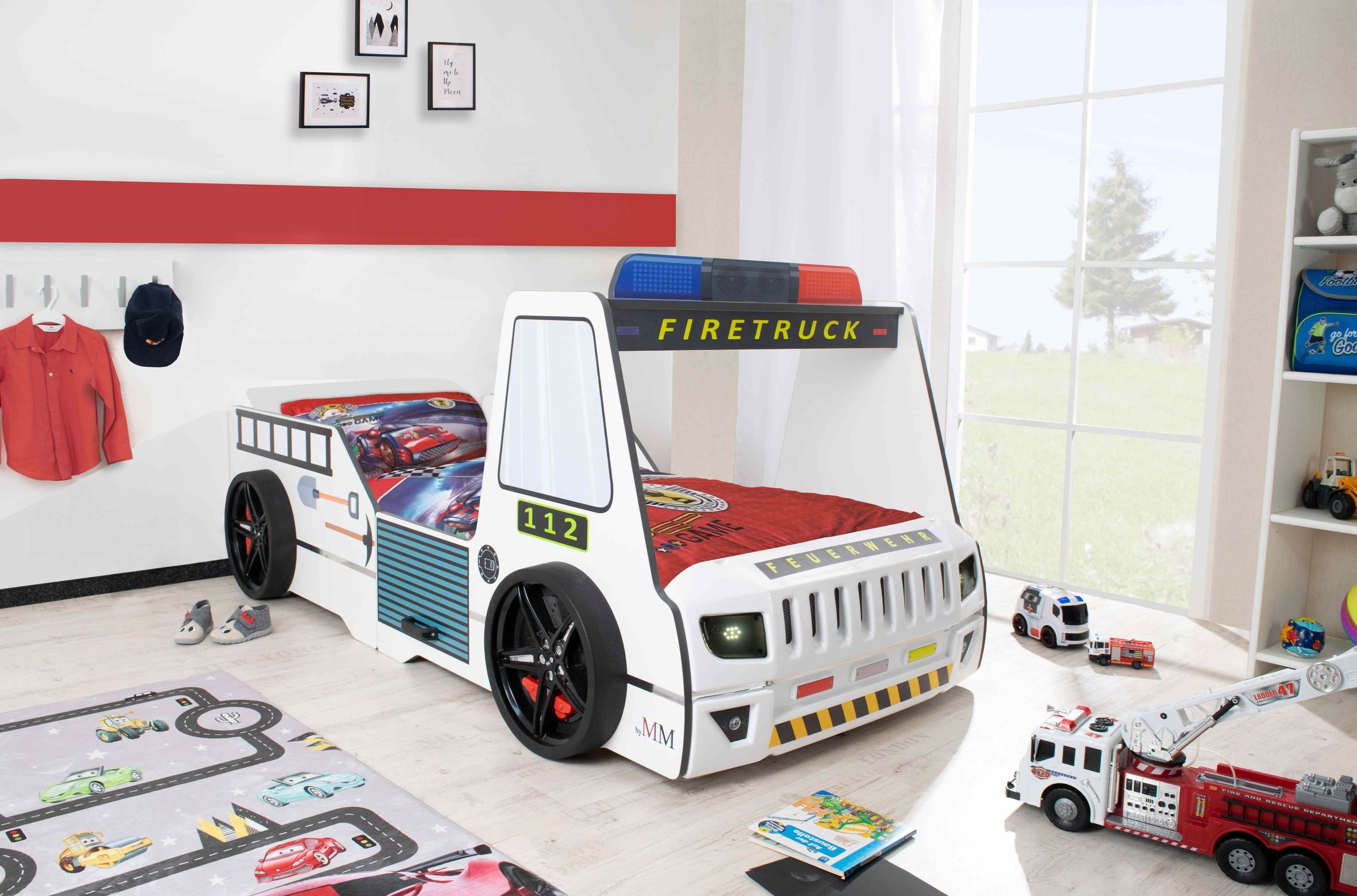 Autobett Kinderbett 90x200 Feuerwehrbett "Rio Firetruck" Hochglanz mit LED Leuchte Weiß