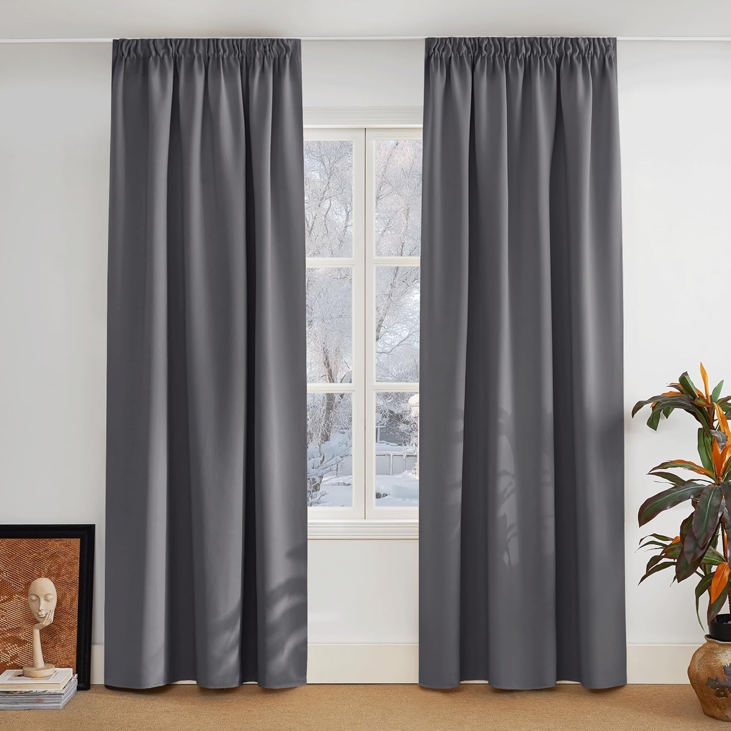 PONY DANCE Schienen Gardinen und Vorhang Grau Blickdicht 2er Set Verdunklungsvorhänge mit Kräuselband Thermogardine gegen Hitze Blackout Curtains Living Room, H 228 x B 167 cm