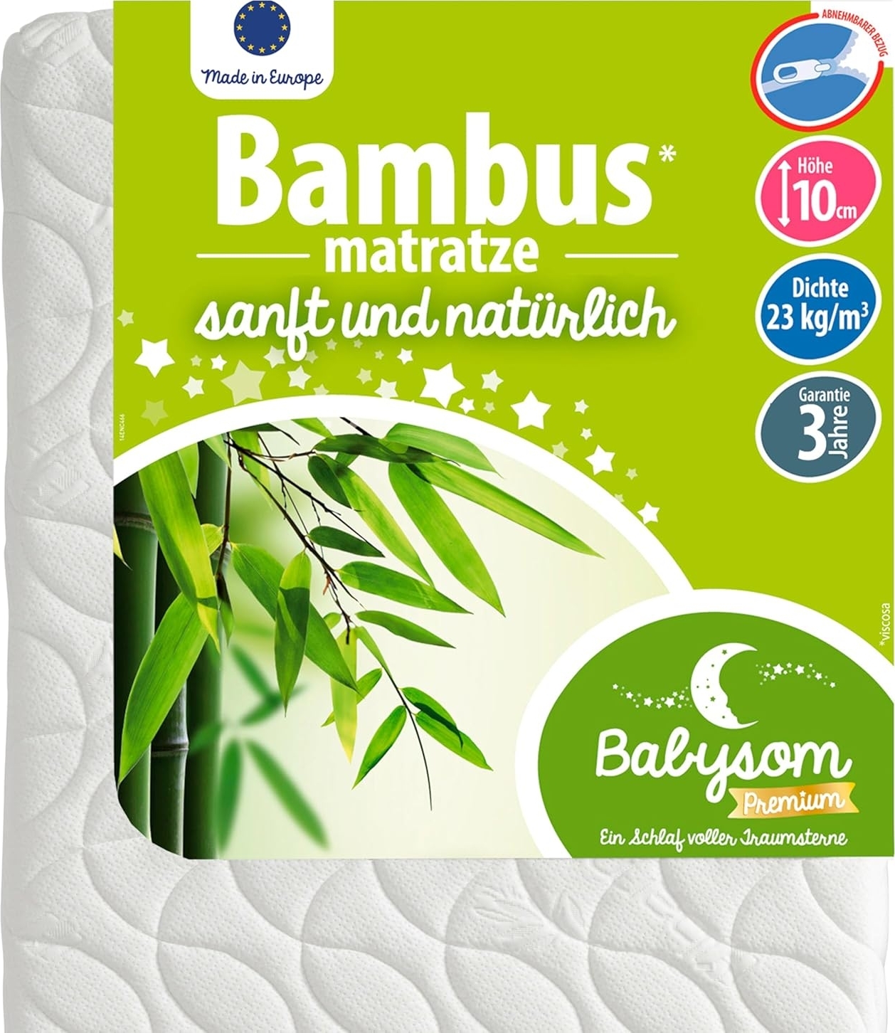Babysom - Babymatratze Bambus | 70x140 cm | Kindermatratze | Naturfaser | Atmungsaktiv | Bezug abziehbar | Luftdurchlässiger Kaltschaum | Geprüft | Höhe 10cm