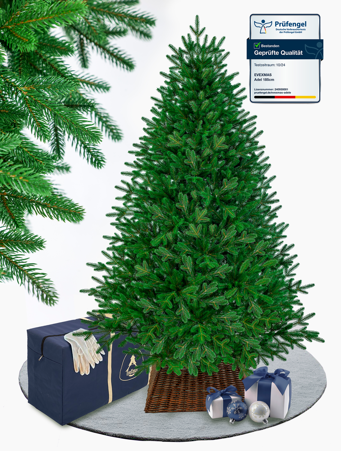 EveXmas - Adele Grün- 185 cm-100% Spritzguss- Künstlicher Weihnachtsbaum-Tannenzweige aus 100% Polyethylen- auf Metallständer