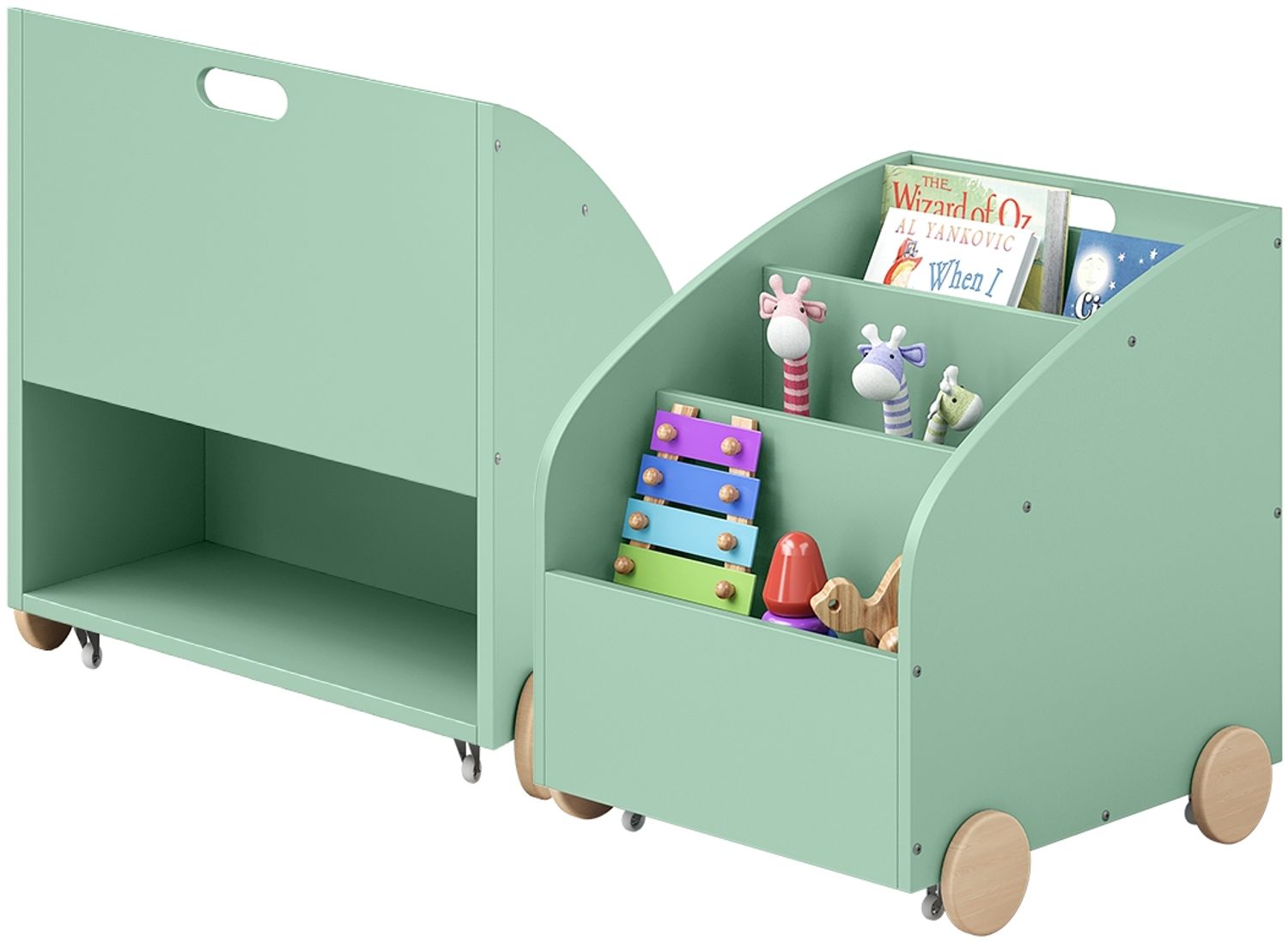 Bellabino 'Towy' Kinderbücherregal, grün, 43x40x43 cm, Holz, Spielzeugregal mit 3 Ablagefächern und Geheimfach