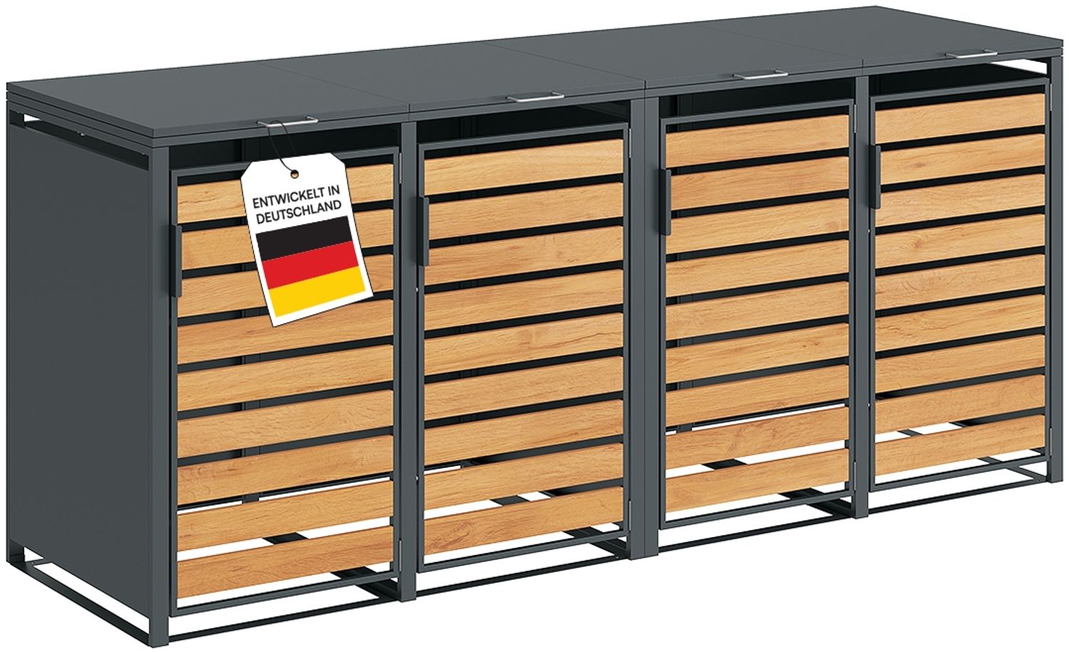 STEELSØN 'Kestra' Mülltonnenbox 4er je 240 Liter, anthrazit mit Holzoptik, Mülltonnenverkleidung aus Stahl, wetterfest, 116x80x268 cm, Müllbox für 4 Tonnen