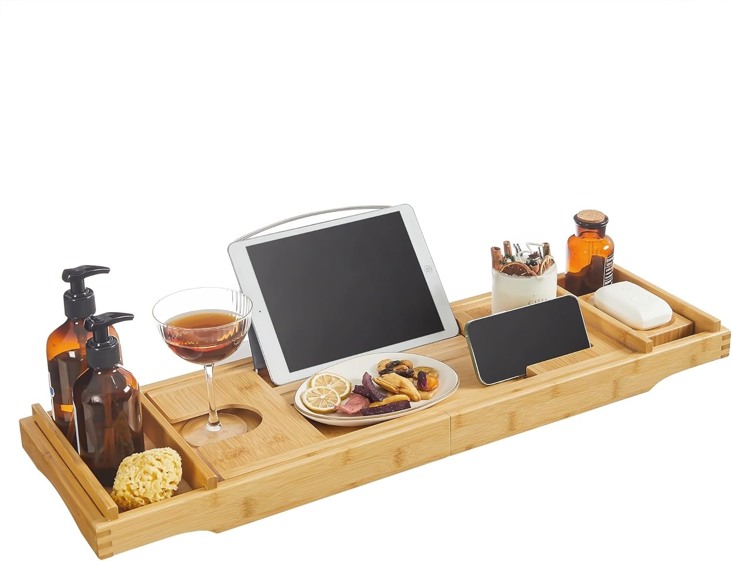 Badewannenablage aus Bambus, ausziehbar, verstellbares Badewannenbrett, Ablage für Badewannen, mit Getränkehalter, Handy-Stütze, Seifenablage, (75-109) x 23 x 4,5 cm, naturfarben BCB88Y