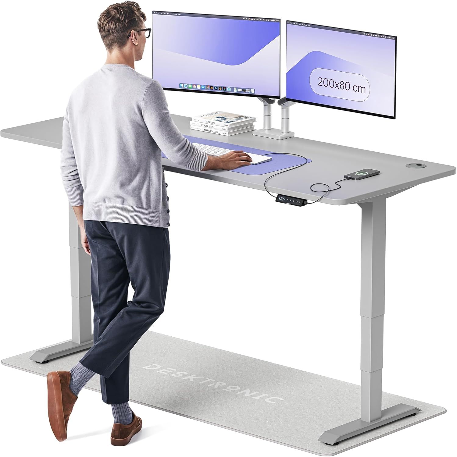 Höhenverstellbarer Schreibtisch - Höhenverstellbar Elektrisch mit Flüsterleisem Dual-Motor & Touchscreen - Hohe Tragfähigkeit - Stehtisch von Desktronic, Grau + Grau, 200x80 cm