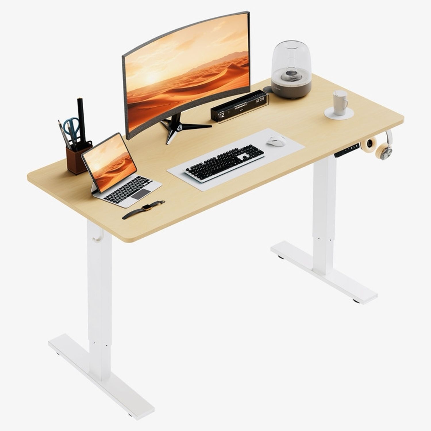 HOMAVO höhenverstellbarer Schreibtisch 60×110 cm, mit Memory- und Anti-Kollisionsfunktion, Höhe 70–117 cm, Naturholzfarbe