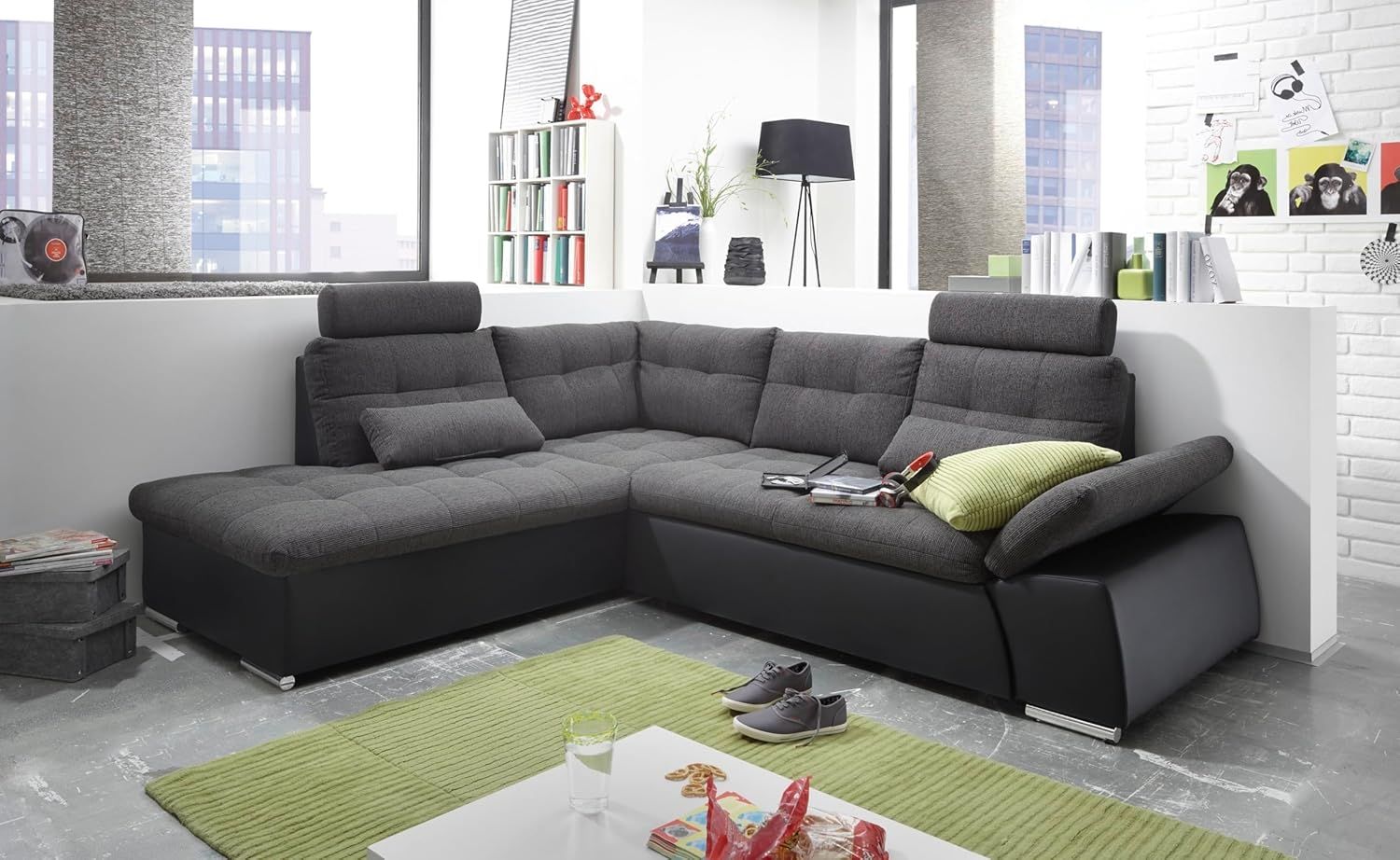 Ecksofa JAK Couch Schlafcouch Sofa Lederlook schwarz grau Ottomane links L-Form