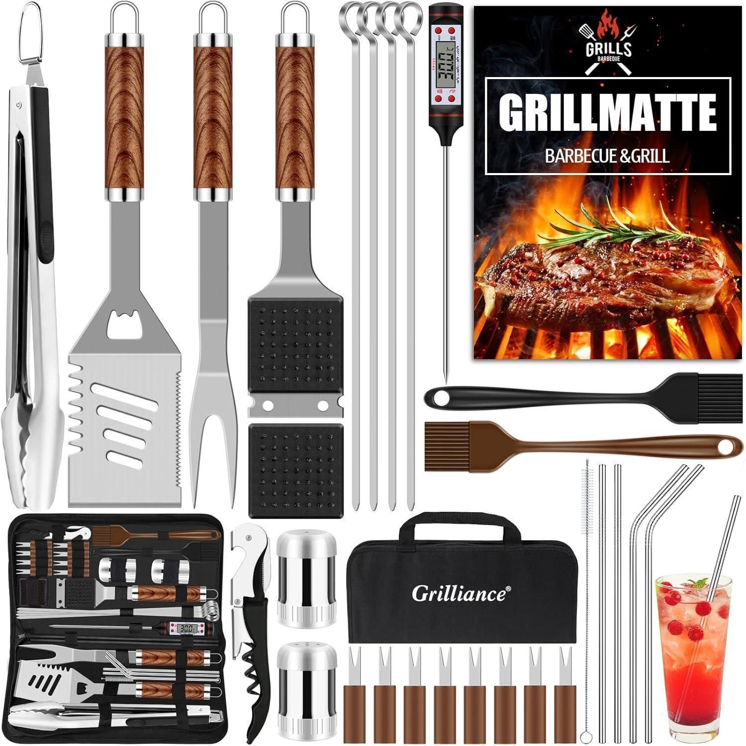 LuxusKollektion Grillbesteck-Set, 30-teilig, Edelstahl silber / Holz natur