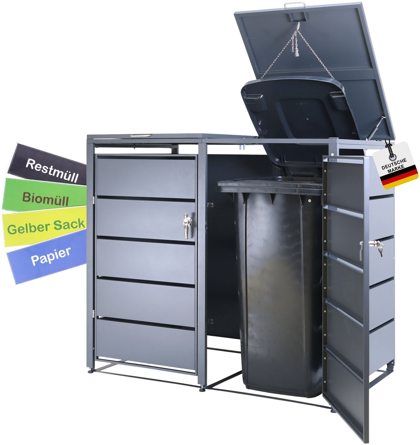 Albatros Mülltonnenbox 2er Tonne | bis 240 Liter | Anthrazitgrau RAL 7016 | verzinkter Stahl | Premium Dämpfer| Aufkleber-Set | wetterfest| verstellbare Füße| Türgriff mit Schloss | Gartenbox | entwickelt in Deutschland