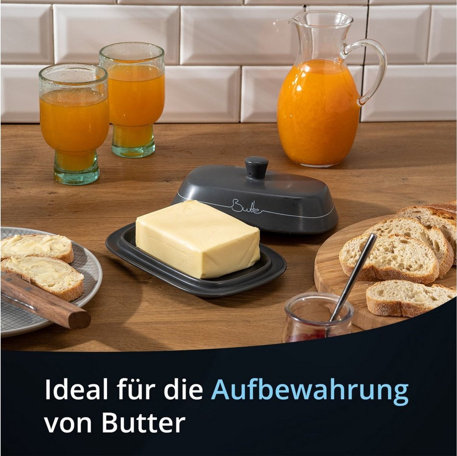 KHG Butterdose Anthrazit Grau Keramik Steingut poliert mit Griff für 250g Butter, Butter Box mit Beschriftung, Butter Behälter zur Aufbewahrung, mit Deckel-Griff