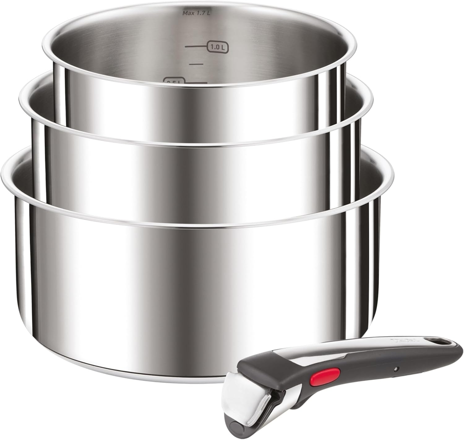 Tefal Ingenio Preference On 4-teiliges Kasserollenset, 16/18/20 cm, Topfset abnehmbarer Griff, Topfset Induktion stapelbar, platzsparend, einfache Handhabung und Reinigung, Edelstahl, L898S3