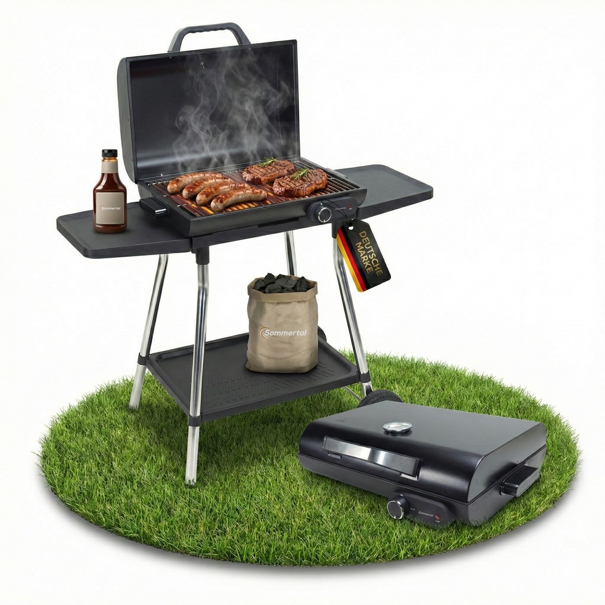 Sommertal BBQ928 2in1 Elektrogrill mit Deckel | Tischgrill & Standgrill elektrisch | Antihaft-Grillplatte + Grillrost | 2180W