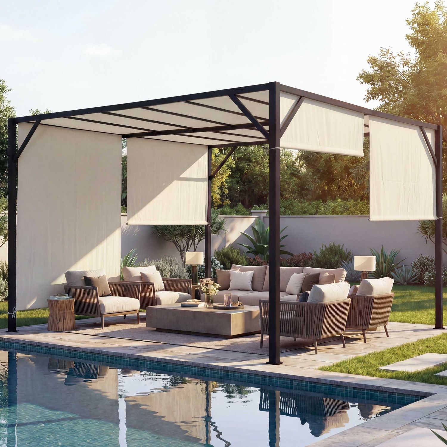 Pergola Baia, Garten Pavillon Terrassenüberdachung, stabiles 6cm-Stahl-Gestell + Schiebedach ~ 4x3m