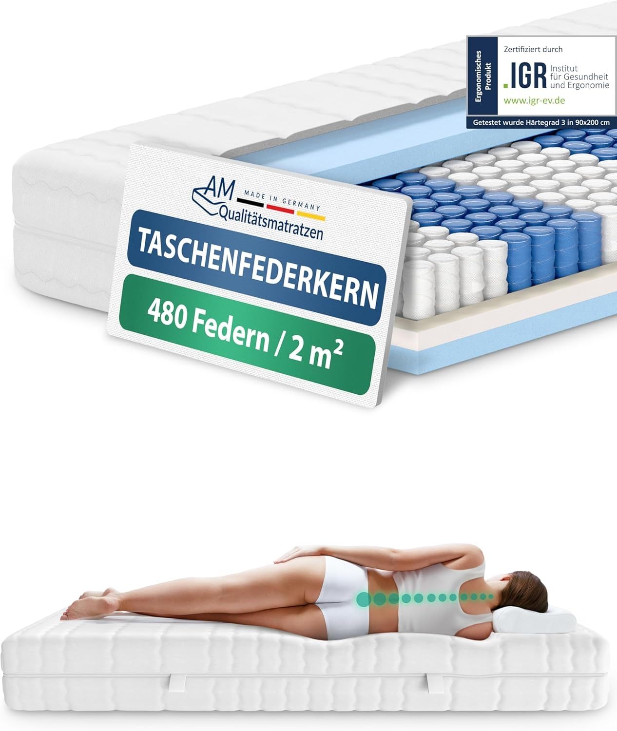 Taschenfederkernmatratze 7-Zonen Federkernmatratze, Orthopädische Matratze, Made in Germany, AM Qualitätsmatratzen, 20 cm hoch, 90x200 cm