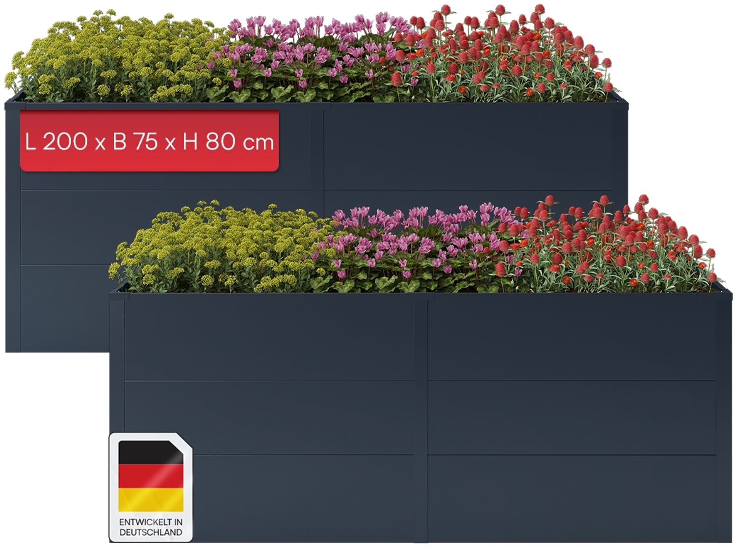 STEELSØN 'Icarus' Hochbeet, Metall, anthrazit, wetterfest, 200x75x80 cm, Pflanzenbeet mit offener Bodenstruktur, 2er-Set