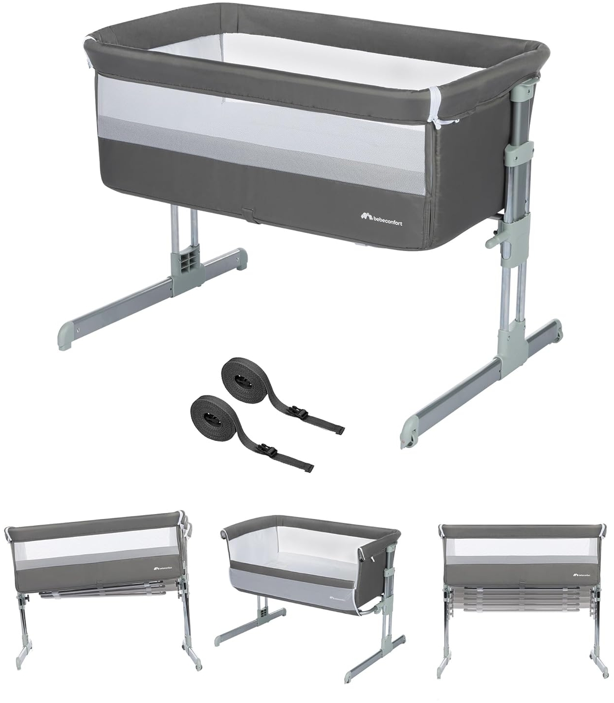 Bebeconfort Beistellbett Calidoo, höhenverstellbares Babybett, gemütlich und weich gepolstert, das Beistellbettchen ist nutzbar ab der Geburt bis max. 9 kg, Grey Mist