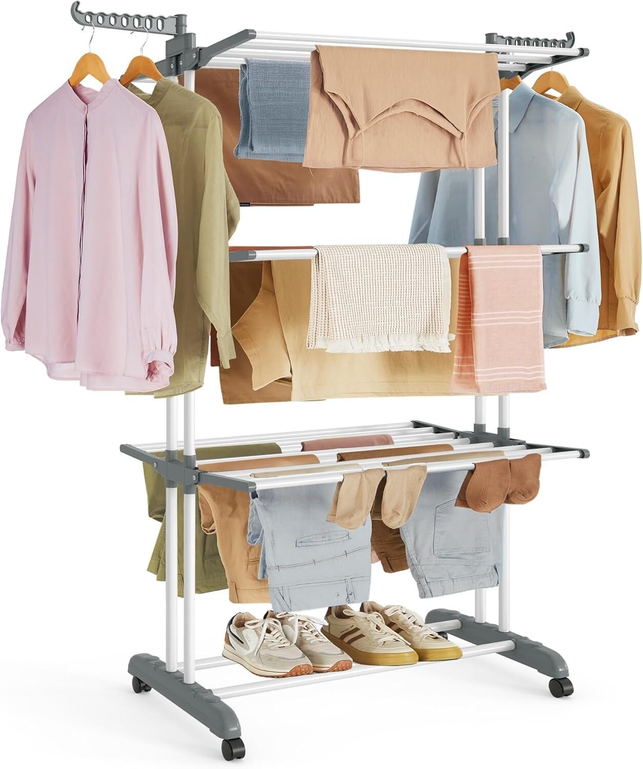 SONGMICS Wäscheständer, Standtrockner 4 Ebenen, Flügelwäscheständer, klappbare Flügel, mit Rollen, 63,5 x 128 x 173 cm, groß, einfacher Aufbau, für Innen- und Außenbereich, weiß LLR701W01