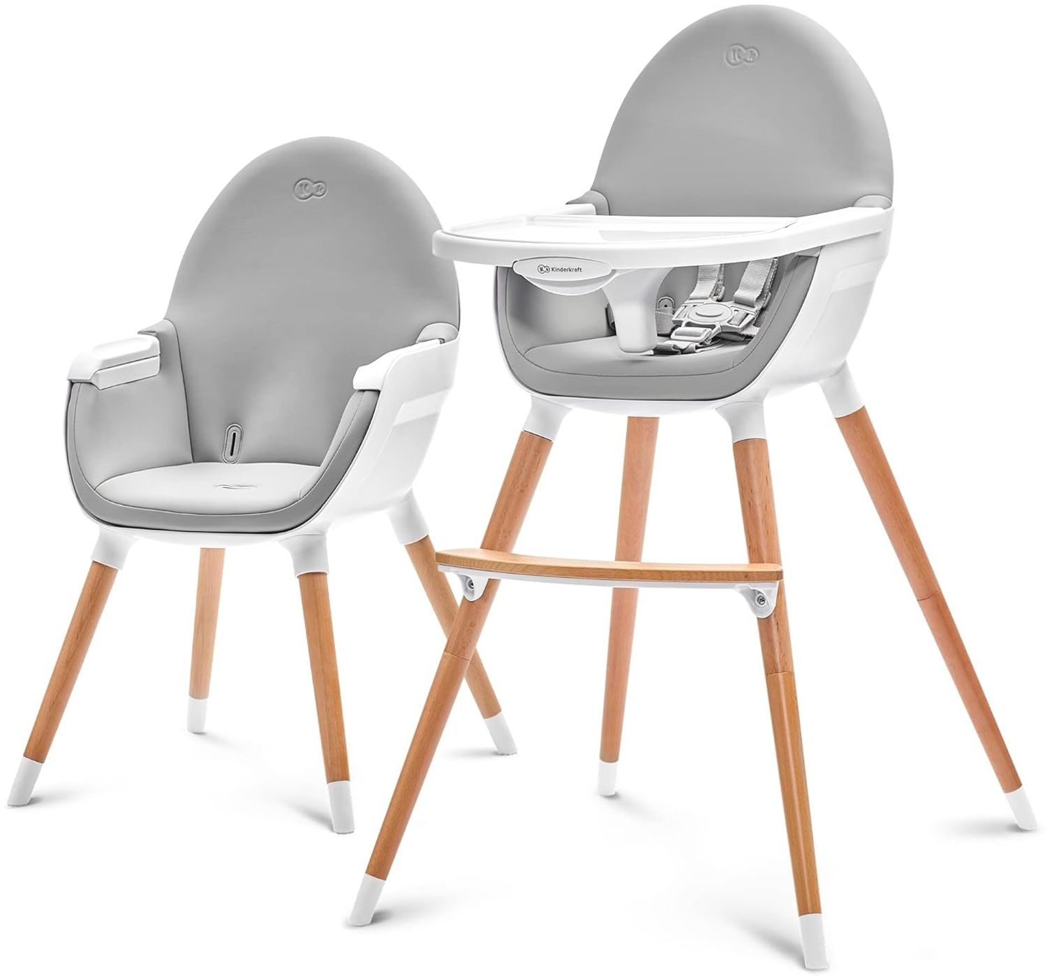 Kinderkraft Hochstuhl FINI 2 in 1, Kinderhochstuhl, Babystuhl, Kombihochstuhl, Beine aus Holz, Sicherheitsgurte, Fußstütze, Doppeltablett, ab 6 Monate bis 5 Jahre, 5 Punkt Gurte, Grau