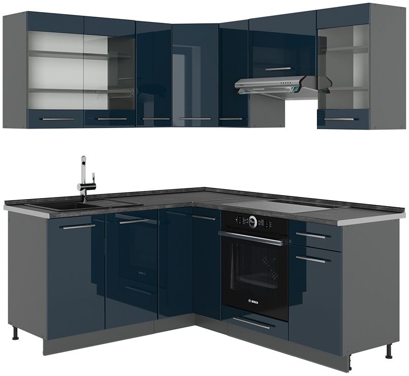 Eckküche Fame-Line Dunkelblau Hochglanz/Anthrazit 190 x 60 cm , AP Anthrazit Vicco