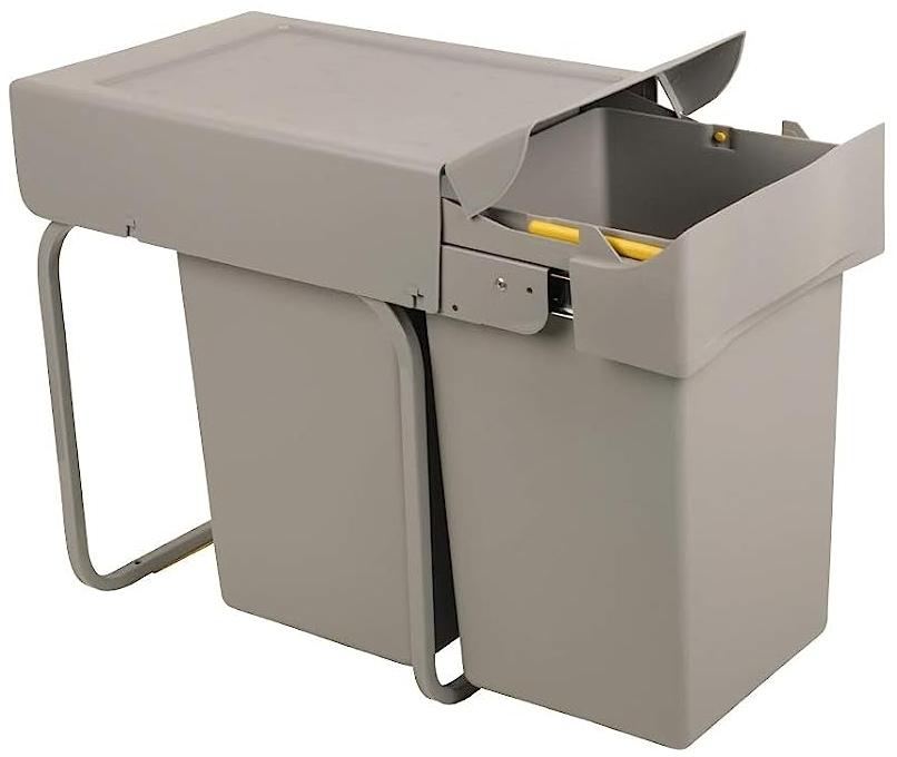Sanitop-Wingenroth Ausziehbarer Mülleimer Küche, 2x14 l Einbaumülleimer, Trennsystem, 28 l Abfallsystem ausziehbar, Abfallsammler, Bodenmontage, 2-er Trennung, Kunststoff Grau, 28016 7