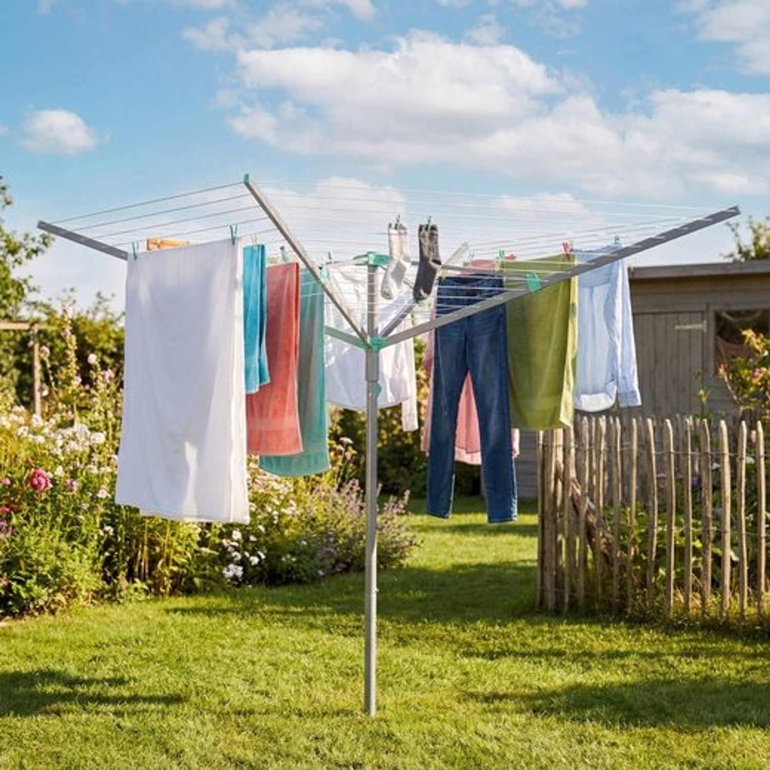 SONGMICS Wäschespinne, 60 m Wäscheleine, für 6 Waschladungen, mit Wäscheklammern, silbern