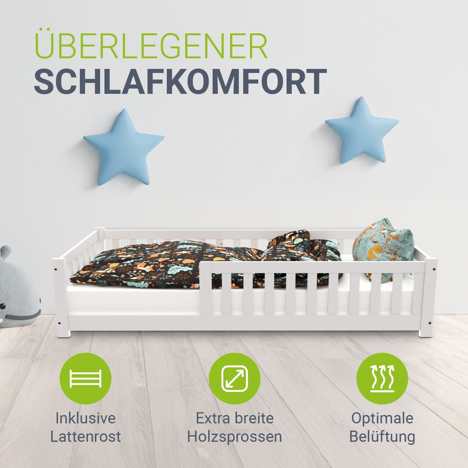 Juskys 'Naya' Kinderbett - mit Rausfallschutz & Lattenrost - Bodenbett für Kinder 3 -10 Jahre - modern, Holz Weiß, 90x200 cm