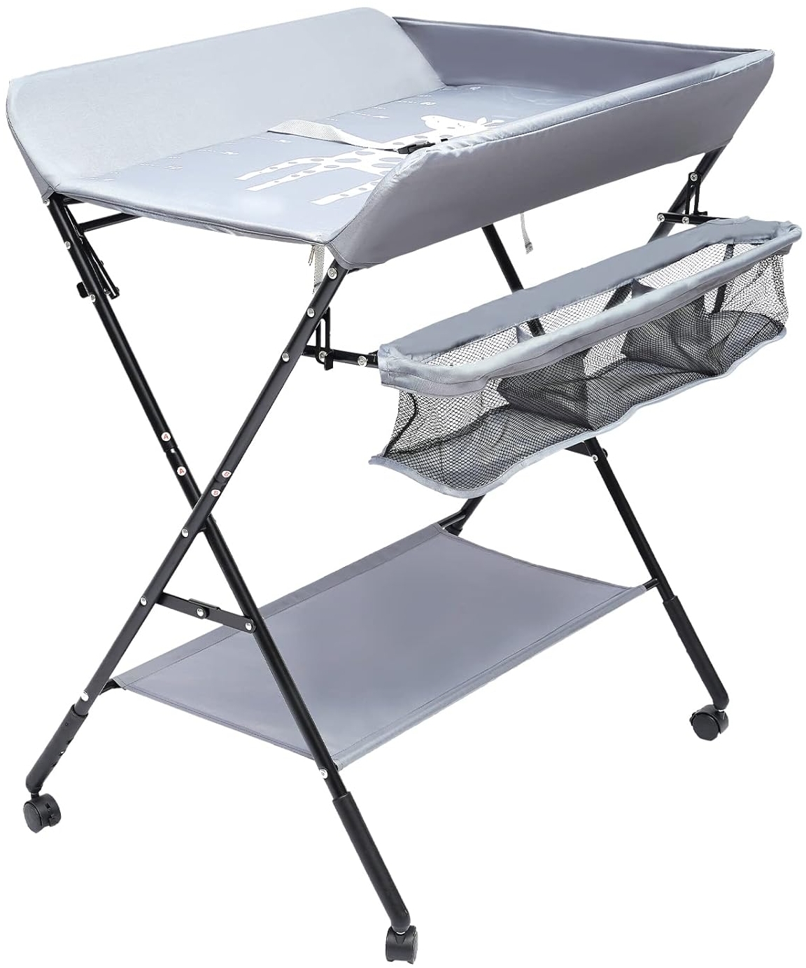 QIERF Klappbarer Wickeltisch Baby Wickelkommode Mobiler Wickelregal Höhenverstellbar, 25kg Tragfähigkeit für 0-12 Monate, Wechseln von Windeln, Wechselkleidung, Lagerung, Grau