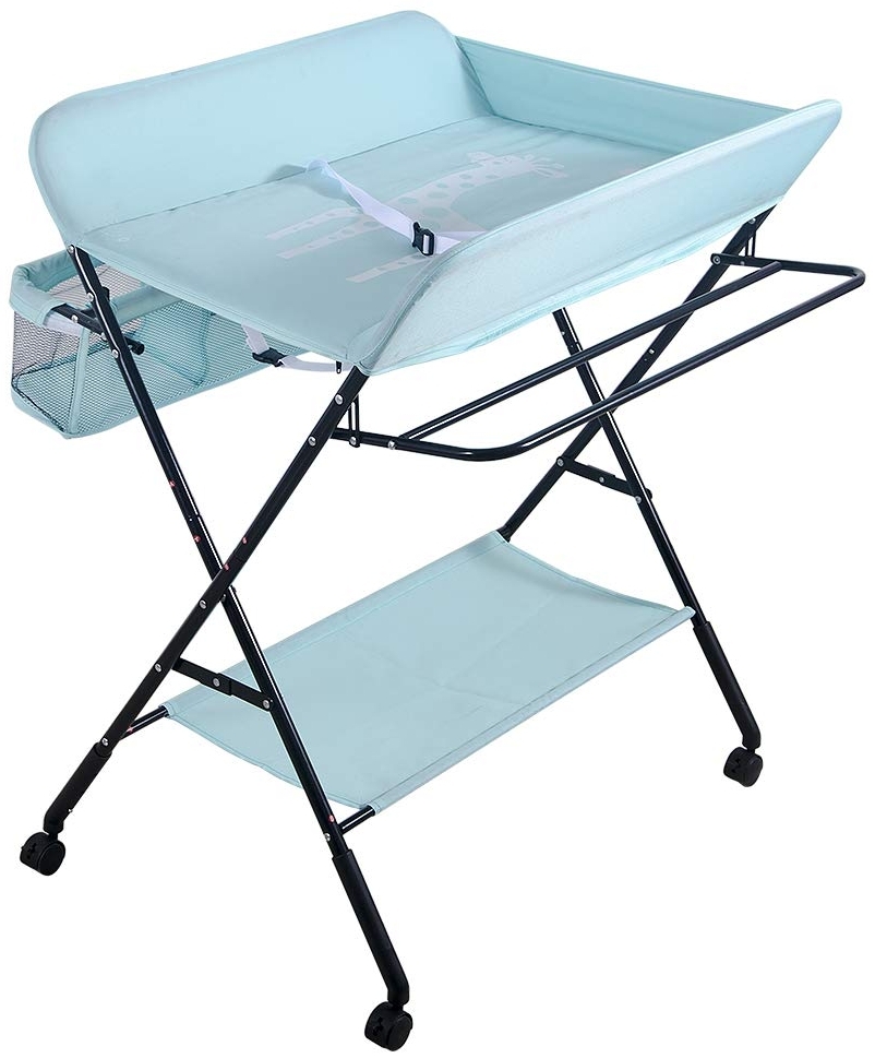 Faltbare Baby Wickelunterlage mit stabiler Struktur, Wickeltisch für Kinder, platzsparender Wickeltisch für Windelwechsel, 4 Rollen mit Bremse, mit Staufächern (80 x 66 x 98 cm)