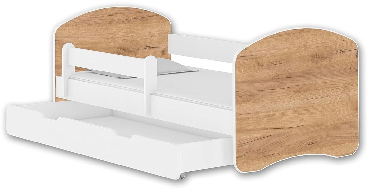 Jugendbett Kinderbett mit einer Schublade mit Rausfallschutz und Matratze Weiß ACMA II 140 160 180 (160x80 cm + Schublade, Weiß - Eiche Craft)