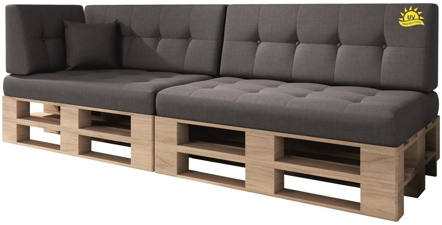 sunnypillow Palettenkissen Kaltschaum UV - beständig Outdoor/Indoor Palettenauflage Palettenpolster Palettensofa Sitzkissen Rückenlehne gesteppt 6er Set 120x80 Grey