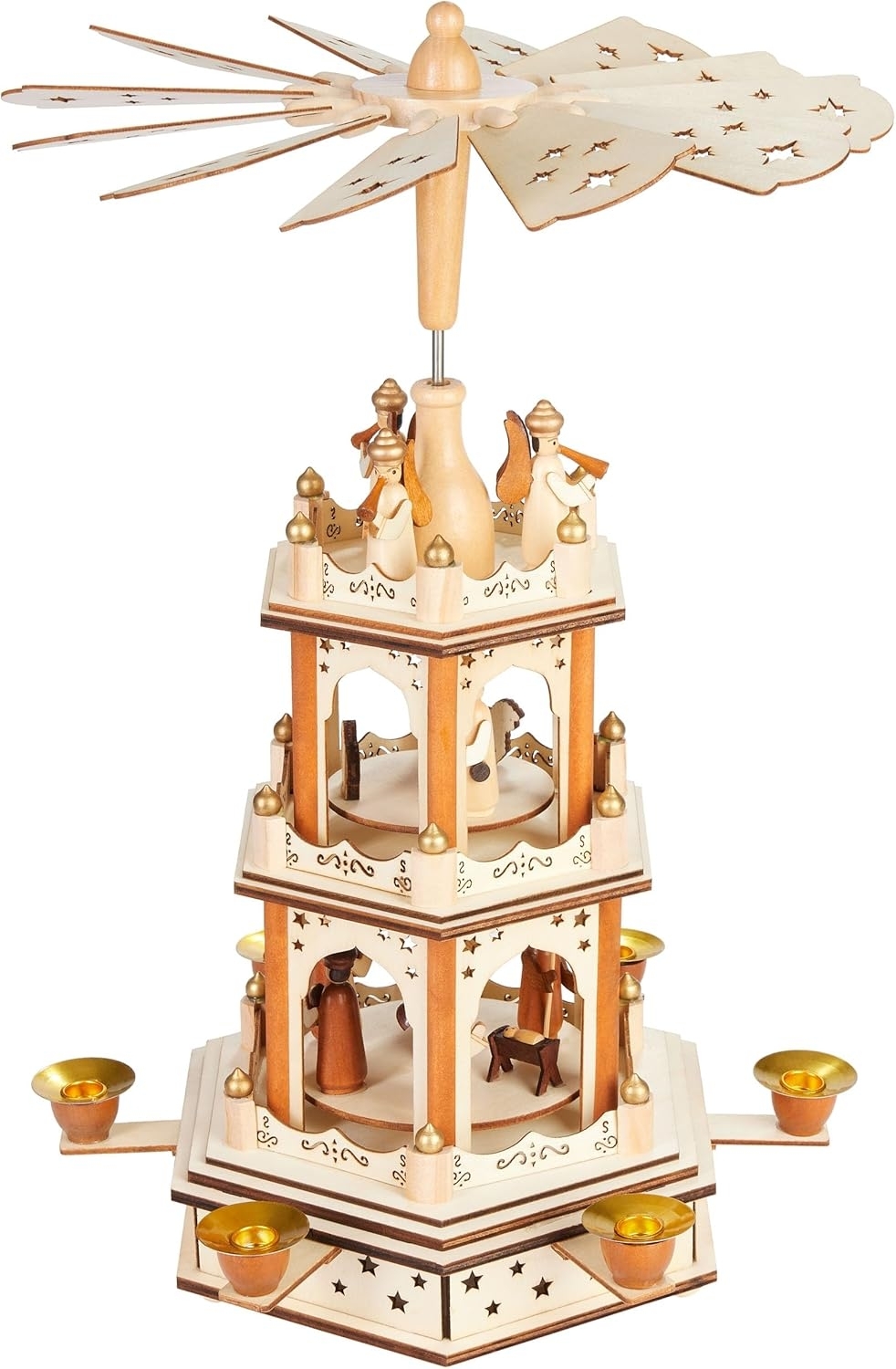 BRUBAKER Weihnachtspyramide 3-stöckige drehbare Holzpyramide - Weihnachtsdekoration mit 3 Etagen, 45 cm Höhe - handbemalte Figuren Weihnachten - Natur Braun - Holz
