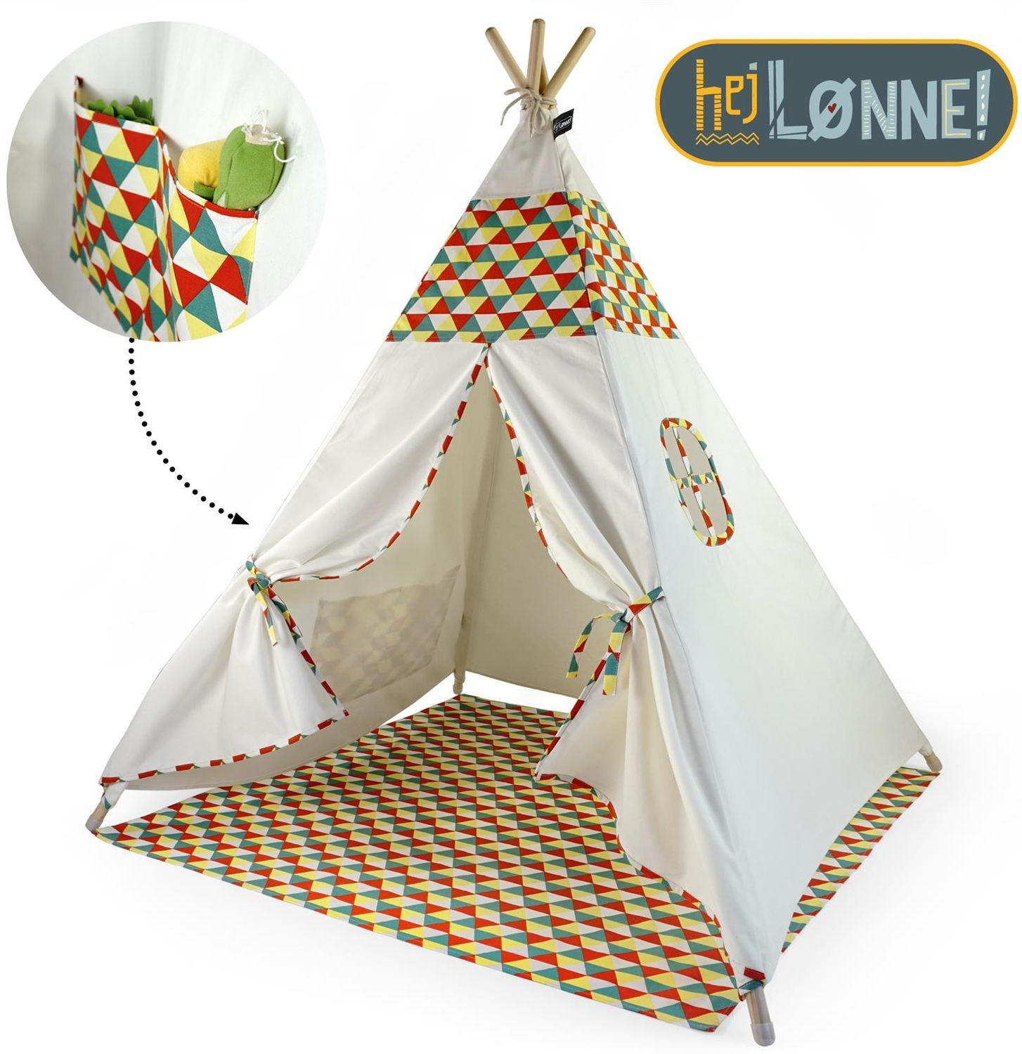 Hej Lønne Tipi Zelt für Kinder (Farbige Bemusterung), Indianerzelt, 4 Stangen, 120x120x150cm, Baumwolle