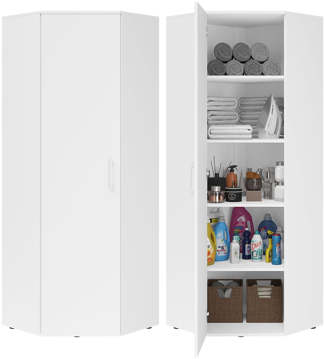 Bellamio 'Apol' Eckschrank, weiß, 176x63x63 cm, Mehrzweckschrank mit 5 Fächern, inkl. 2 verstellbaren Einlegeböden