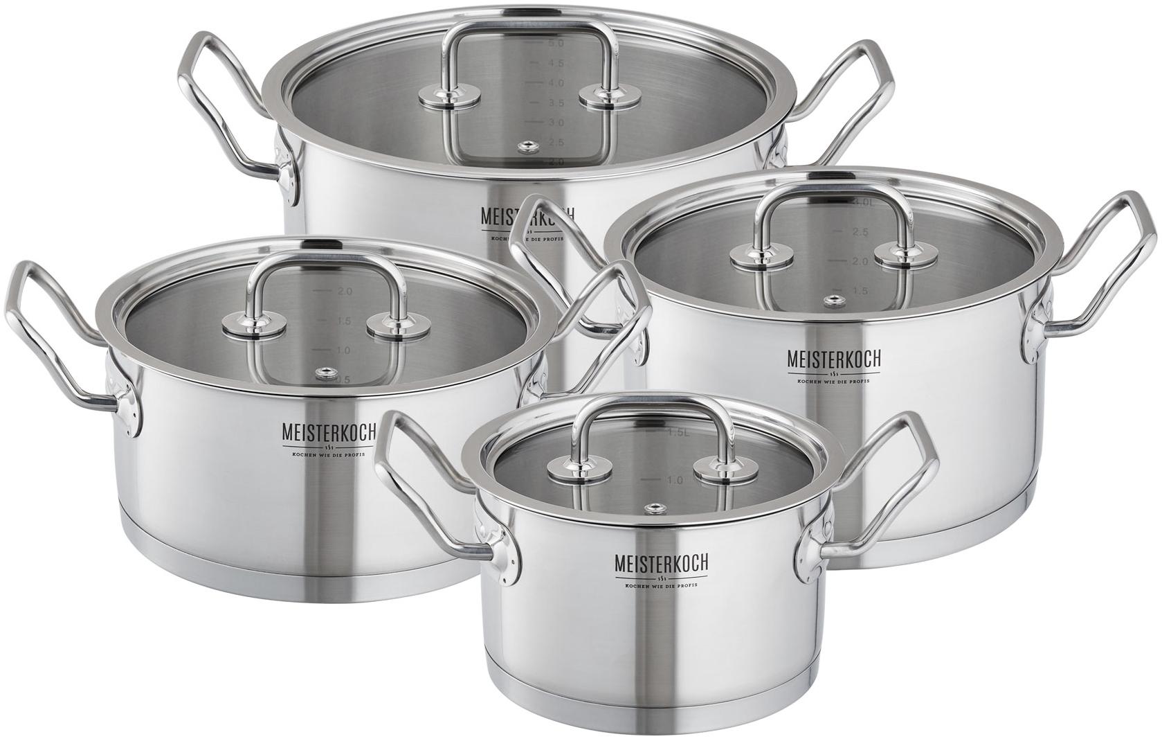 MEISTERKOCH 4-teiliges Topfset aus Edelstahl, Induktion, Spülmaschinengeeignet | mit modernen flachen Glasdeckeln, Topf mit Innenskalierung, Kaltgriffe, Abgießrand, lange Wärmespeicherung