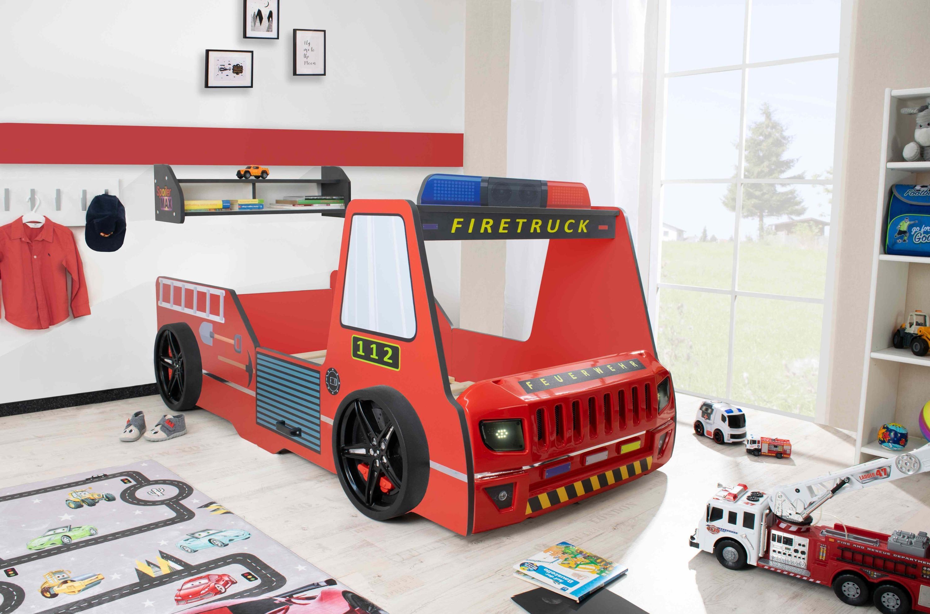 Autobett Kinderbett 90x200 Feuerwehrbett "Rio Firetruck" Hochglanz mit LED Leuchte Rot