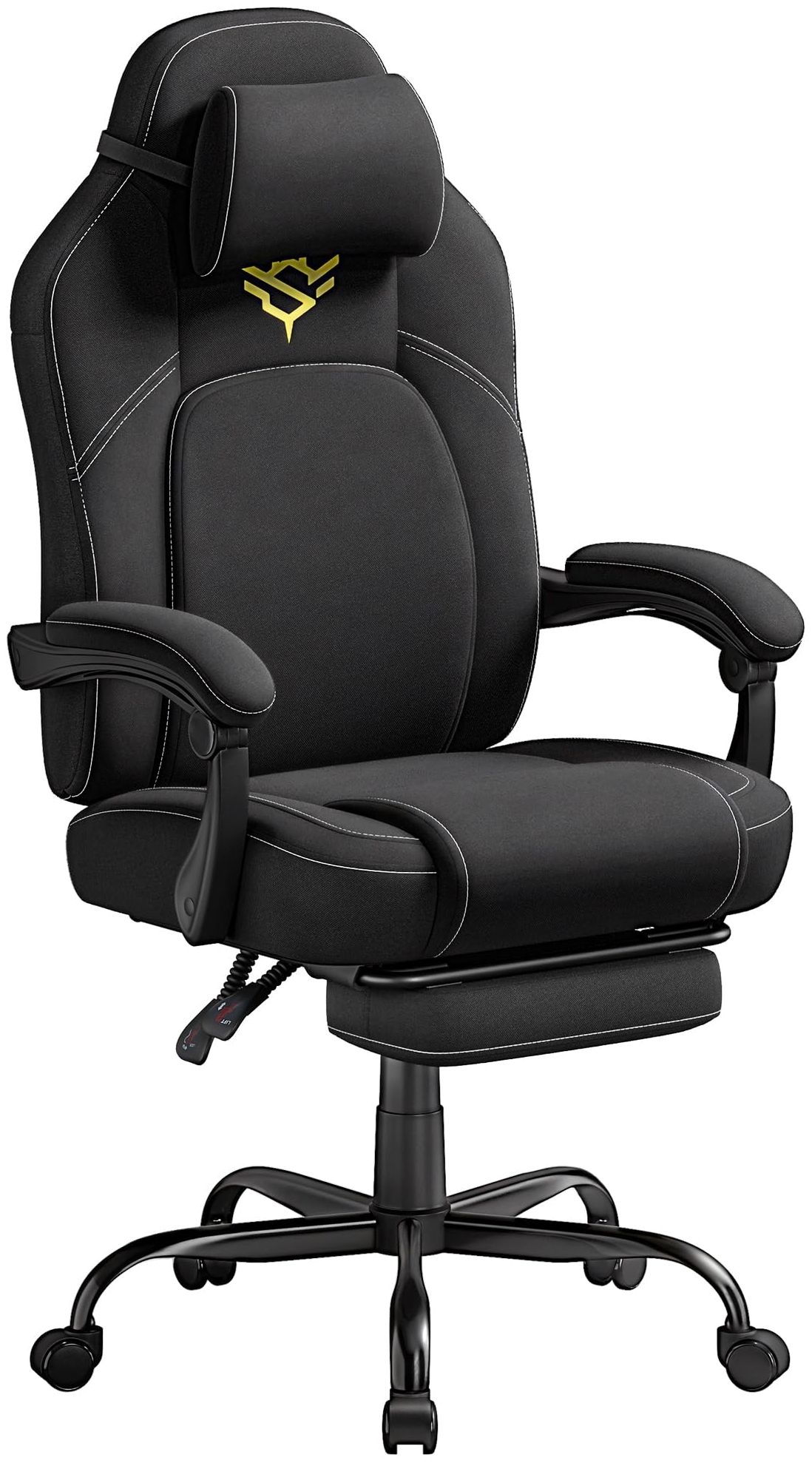 SONGMICS HOME Gaming-Stuhl, ergonomischer Computerstuhl mit Fußstütze, Bürostuhl, Drehstuhl mit Kopfkissen, Baumwoll-Leinen-Mischgewebe, höhenverstellbar, tintenschwarz OBG072BH03