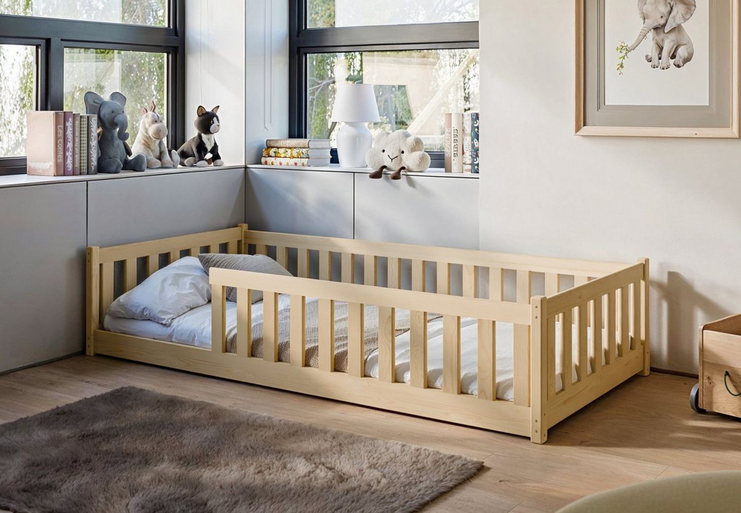 Kinderbett Bodenbett 80x180 cm mit Rausfallschutz & Lattenrost Montessori Bett Bed Gitterbett Kinder Jugendbett Einzelbett | natur weitere Größen 80x160 | 90x200 | 120x200 | 140x200 cm