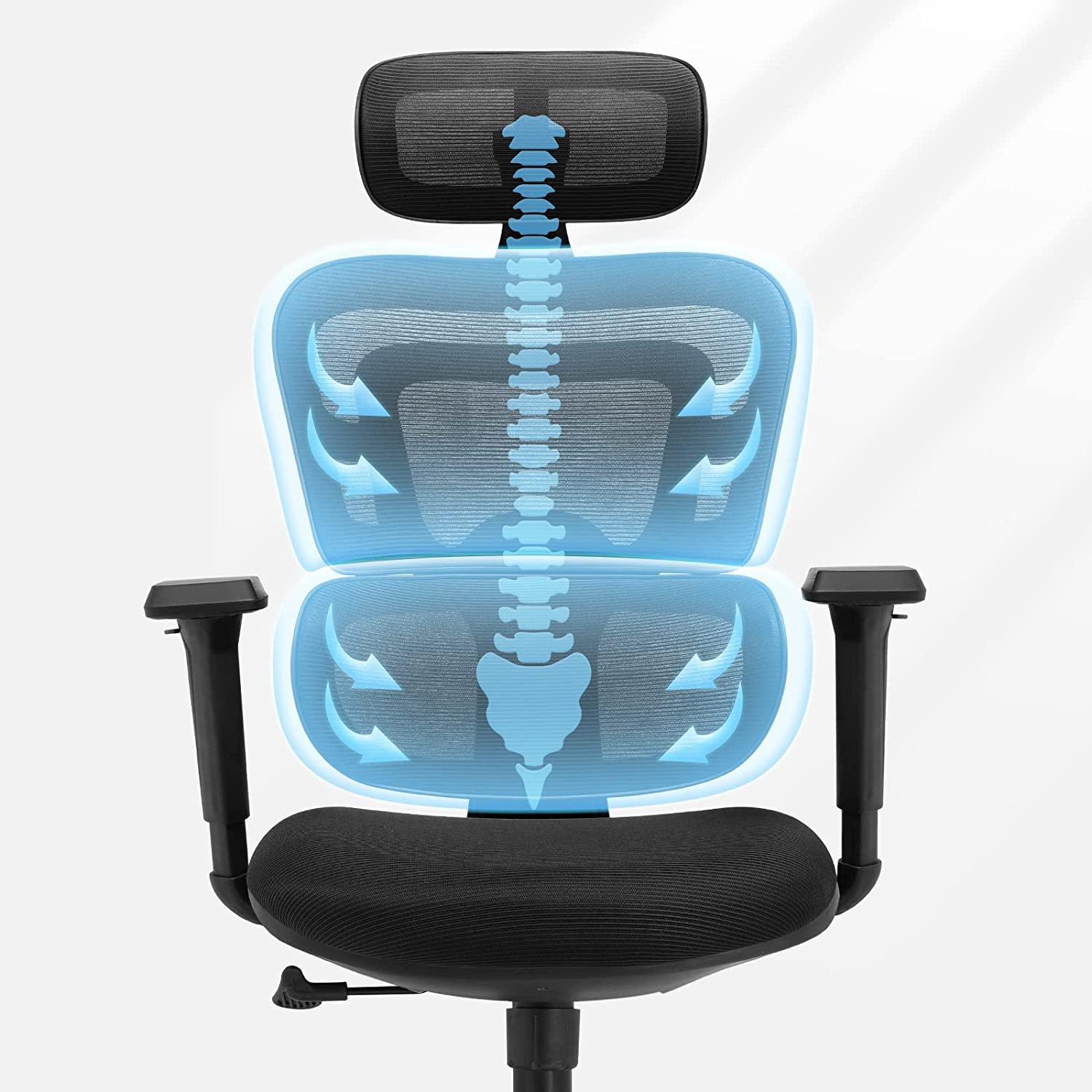 LUCKRACER Ergonomischer Bürostuhl Schreibtischstuhl PC-Stuhl Chefsessel Drehstuhl mit 3D verstellbare Kopfstütze Armlehne und Lordosenstütze klappbare Armlehnen Wippfunktion bis 136kg Belastbar