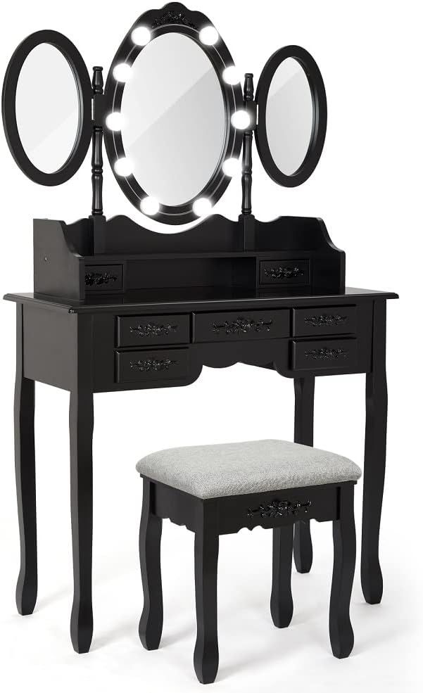 Meerveil Schminktisch mit Lichtern LED 7 Schubladen und 3 ovalen Spiegeln stabilen Beinen Damen Holz verspiegelt MDF Schwarz, 90 x 40 x 151 cm