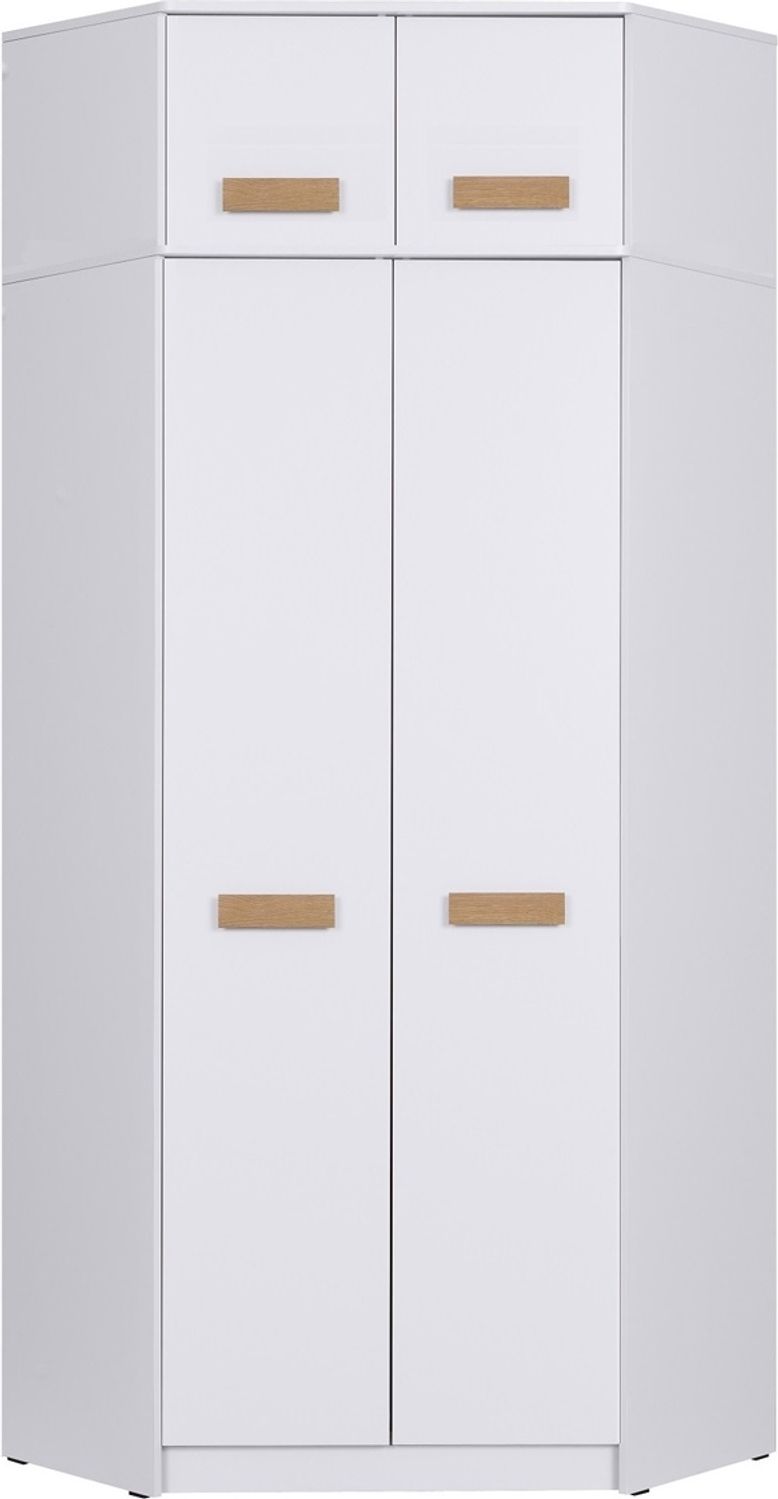 Marmex Möbel Grant 08/15 Ein moderner Eckschrank mit 2 Kleiderstangen, Einlegeböden und Schrankaufsatz, laminierte Spanplatte, weiß, 91x235x91 cm