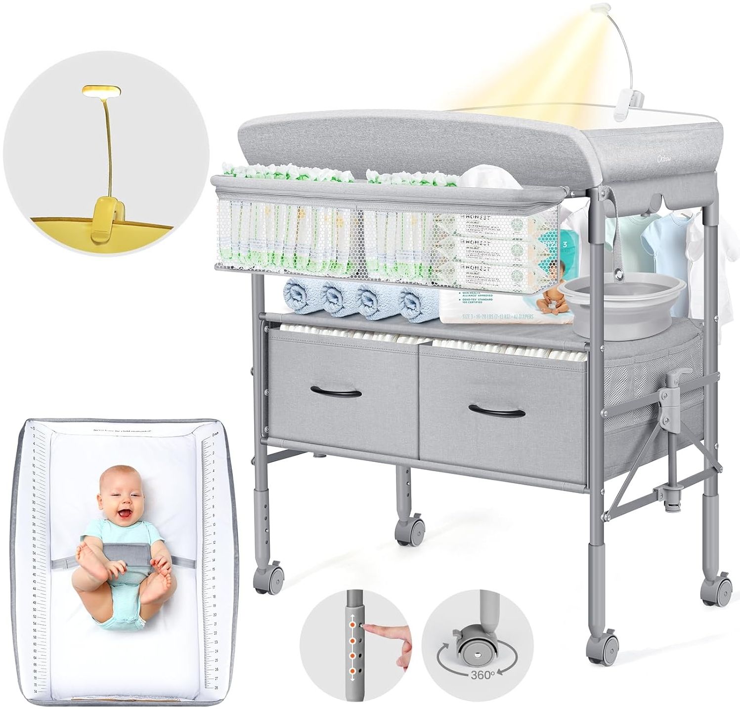Orzbow Tragbarkeit Baby Wickelkommode mit Schubladen und Nachtlicht, Höhenverstellbare Mobiler Baby Wickeltisch Klappbar mit Sicherheitsgurt, Geräumiger Stauraum Baby Changing Table, Grau