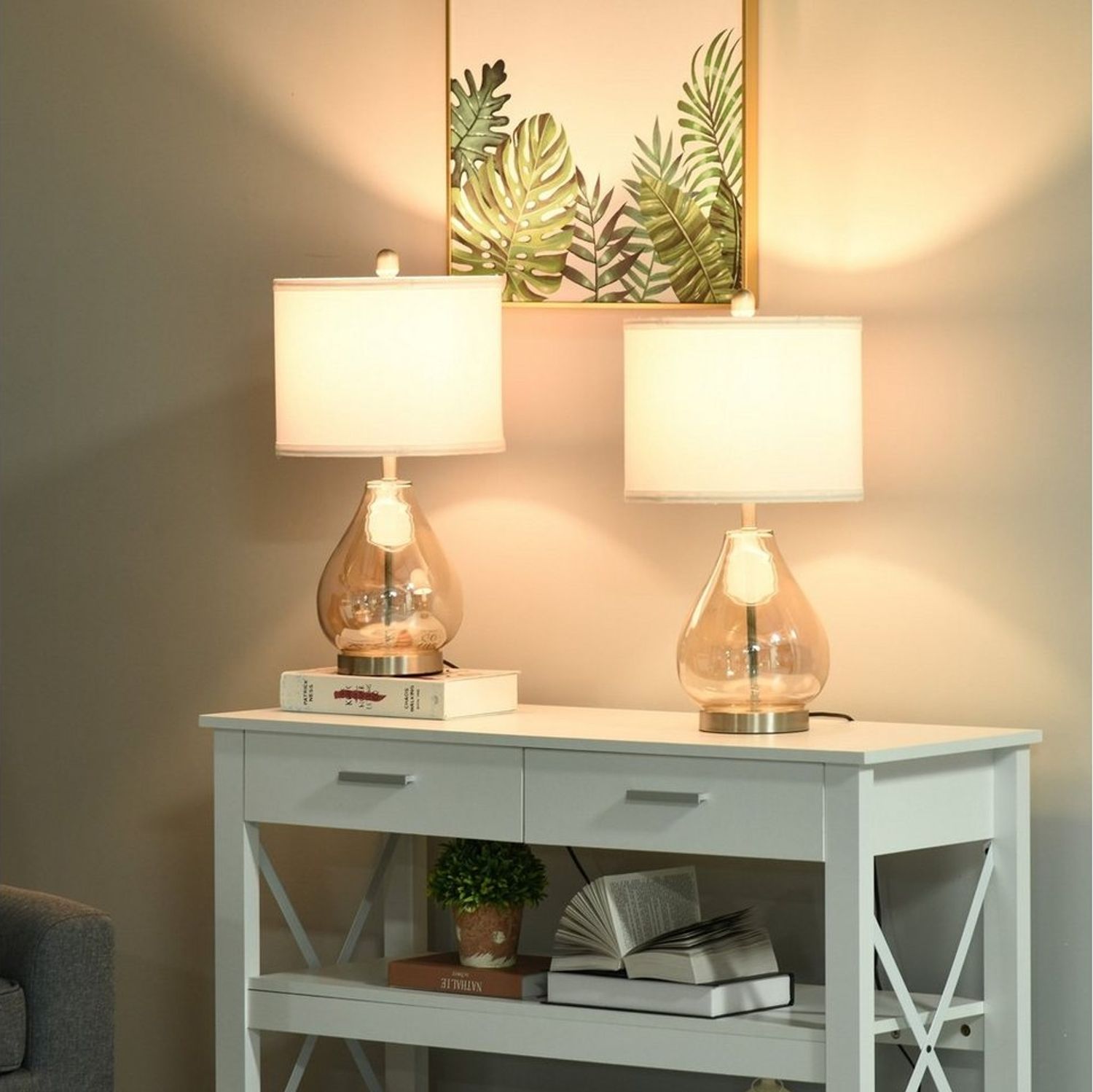 HOMCOM Tischleuchte Nachttischlampe, Ein-,Ausschalter, 1 x E27 (nicht im Lieferumfang enthalten), 2-Set Tischlampen E27 Nachttischlampe Leinen Glas Bernstein