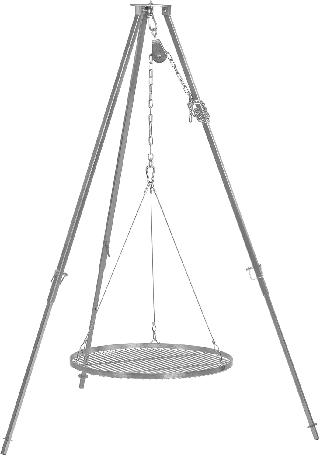 BBQ-Toro Dreibein Grill mit Ø 60 cm Grillrost | 110-175 cm | Dreibein für Schwenkgrill | Eisen Dreibein Gestell, Grillständer mit Rost | Hängegrill, Grillgestell, Dreibeingrill mit Kette