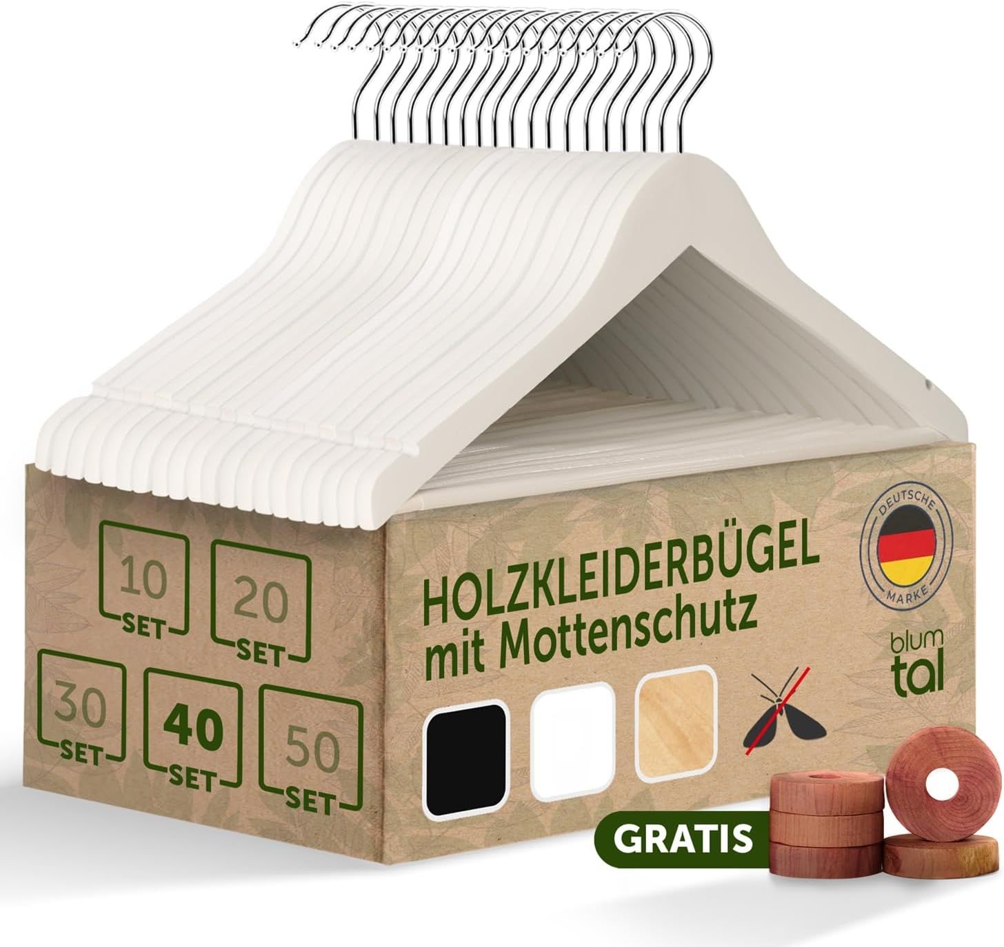 Blumtal Kleiderbügel Kleiderbügel Holz mit 360° drehbarem Metallhaken, (40-tlg), Zedernholz Mottenschutz mit Anti-Rutsch-Schicht & Einkerbungen