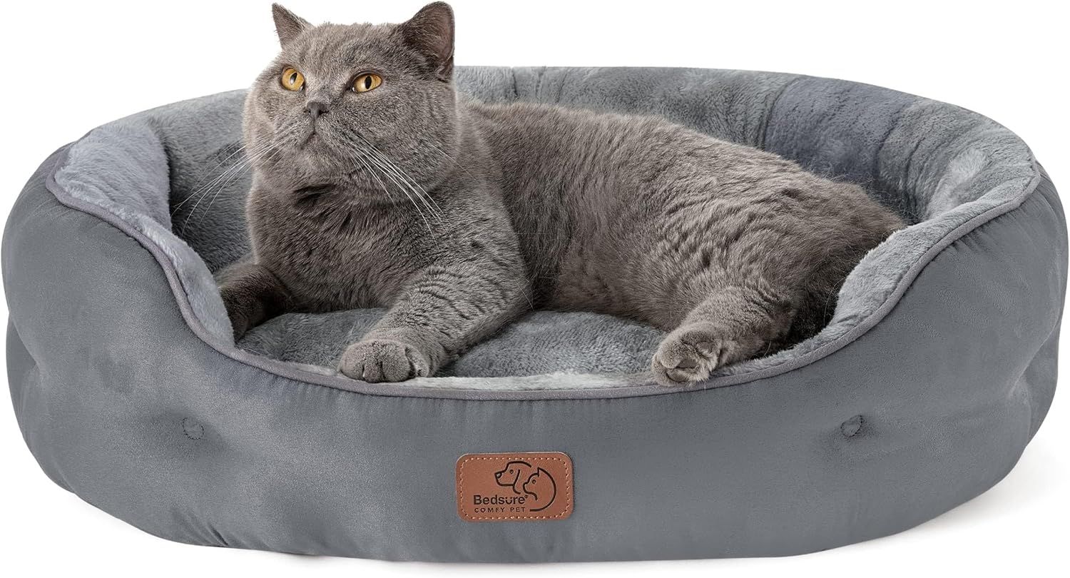 BEDSURE Katzenbett waschbar Katzen Bettchen - 63 x 53 x 20 cm Katzen Bett grau mit zweiseitig Innenkissen Katzenschlafplatz für Katzen oder kleine Hunde