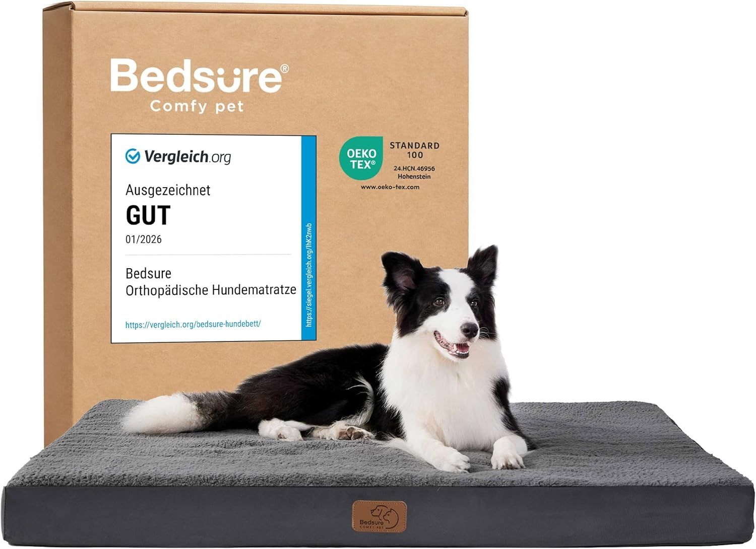 BEDSURE orthopädisches Hundebett Grosse Hunde - 112 x 81 x 7.6 cm Hundekissen flauschig Hundematte waschbar Hundematratze in dunkelgrau für große Hunde